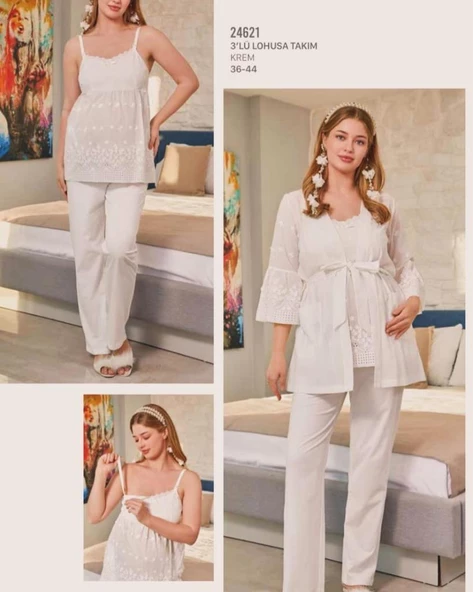 Cossy By Aqua 25140 Fistolu 3 Lü İp Askılı Hamile Lohusa Pijama Sabahlık Tk - 4
