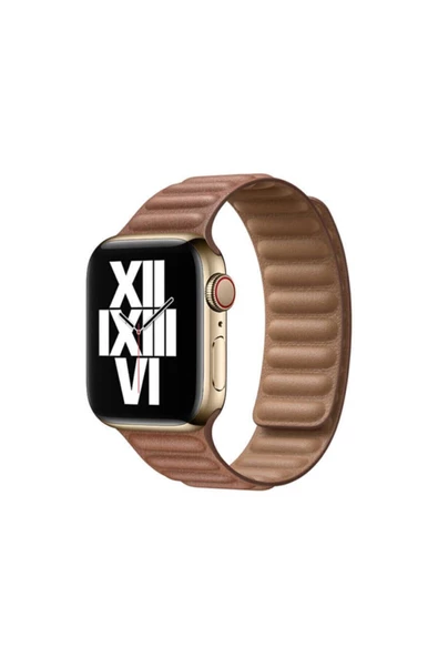 Apple Watch 7 6 5 4 3 2 Serisi 42 / 44 / 45 Uyumlu Baklalı Mıknatıslı Deri Kordon Kayış Kahve