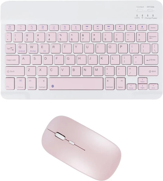 Powerway Maxron MX-3 7" Uyumlu Kablosuz Bluetooth Şarj Edilebilir Klavye Mouse Seti - Pembe