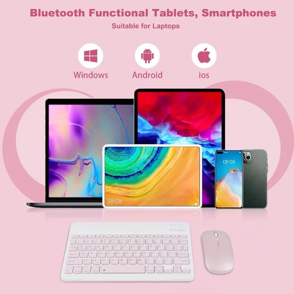 Telefon Tablet ve Tüm Cihazlar ile Uyumlu Kablosuz Bluetooth Şarj Edilebilir Klavye Mouse Seti - Pembe - 5