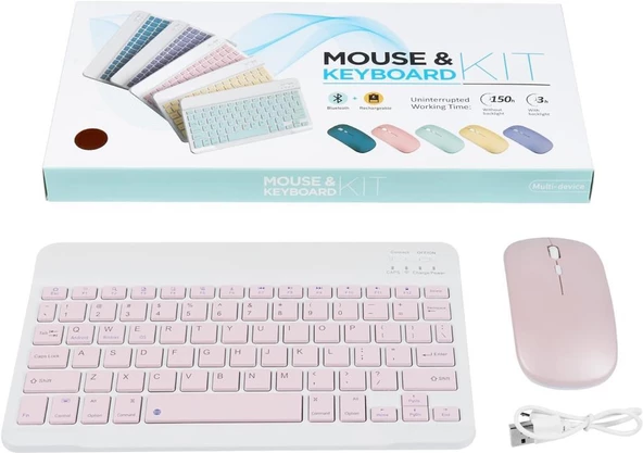 Telefon Tablet ve Tüm Cihazlar ile Uyumlu Kablosuz Bluetooth Şarj Edilebilir Klavye Mouse Seti - Pembe - 8