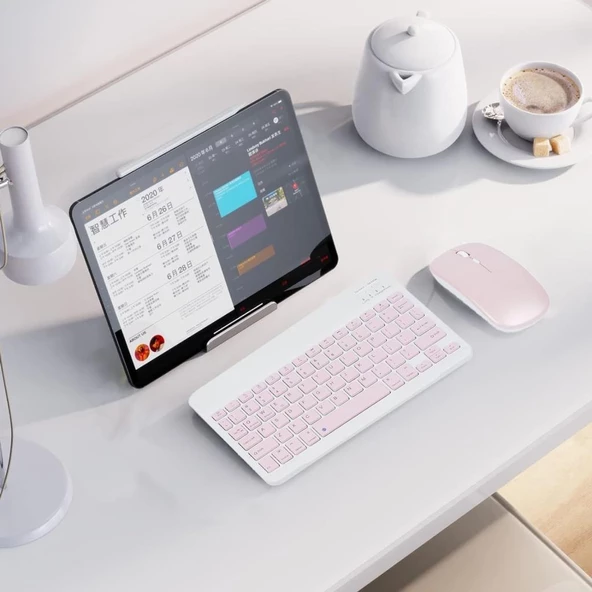 Telefon Tablet ve Tüm Cihazlar ile Uyumlu Kablosuz Bluetooth Şarj Edilebilir Klavye Mouse Seti - Pembe - 7
