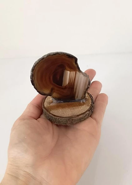 Doğal Taş Plaka Akik Kahverengi Ahşap Standlı Dekoratif Obje Biblo Traverten - 2