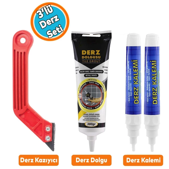 Fayans Derz Yenileme Temizleme Seti Beyaz 380 Gr Derz Dolgu + Derz Kazıyıcı + 2'li Derz Kalemi (3'lü Set)