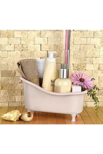 Plastik Mini Küvet Diş Fırçalık Sabunluk Lif Kabı Banyo Duş Düzenleyici Organizer Bej - 2