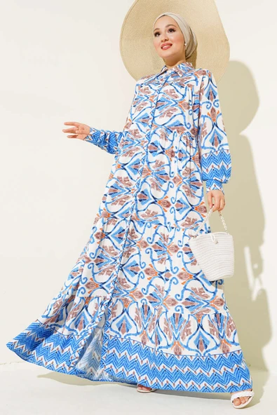 Boy Düğmeli Viskon Elbise Mavi Kahve ürün görseli 1