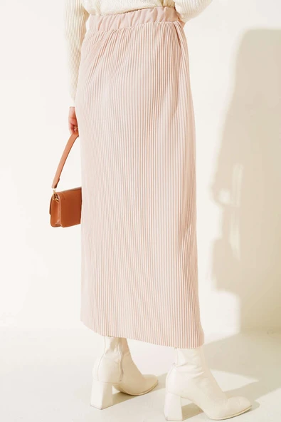 Kumaşı Piliseli Kalem Etek Bej - Resim 3