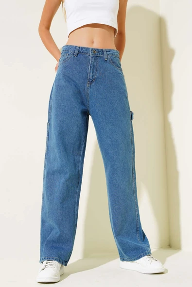 Baggy Bol Paça Kot Pantolon Orta Mavi