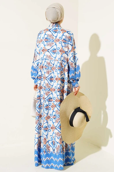 Boy Düğmeli Viskon Elbise Mavi Kahve - Resim 3