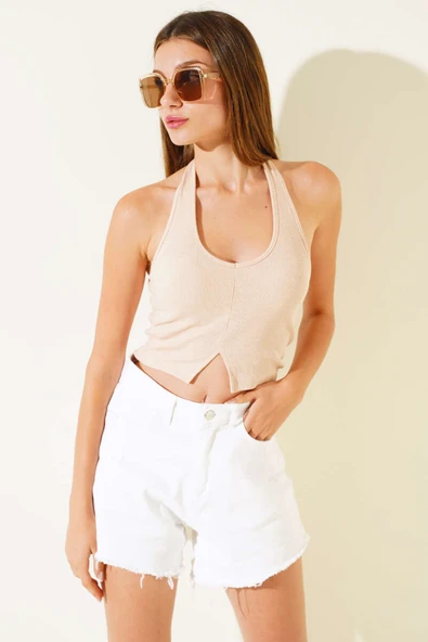 Boyundan Geçirmeli Kaşkorse Crop Bej ürün görseli 1