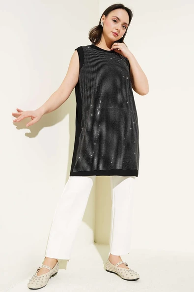 Önü Taş Süslemeli İçlik Siyah - Resim 2