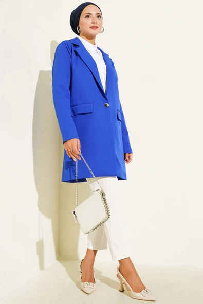 Tek Düğmeli Blazer Ceket Saks - 2