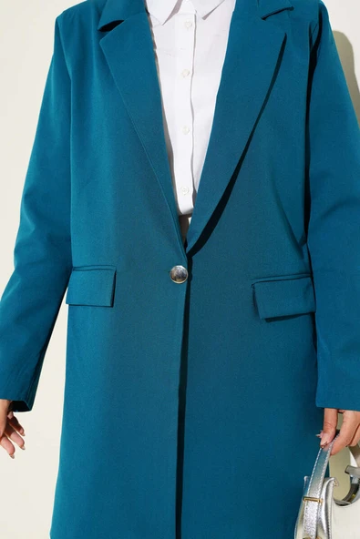 Tek Düğmeli Blazer Ceket Petrol - Resim 4