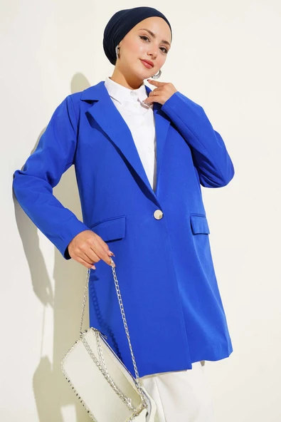 Tek Düğmeli Blazer Ceket Saks - 1