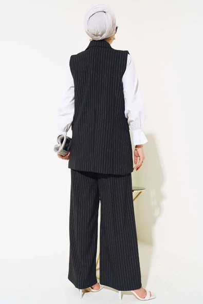 Yelekli Çizgili İkili Takım Siyah - Resim 3