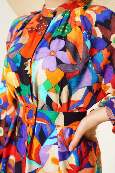 Karışık Desen Boydan Düğmeli Elbise Hardal - Resim 4