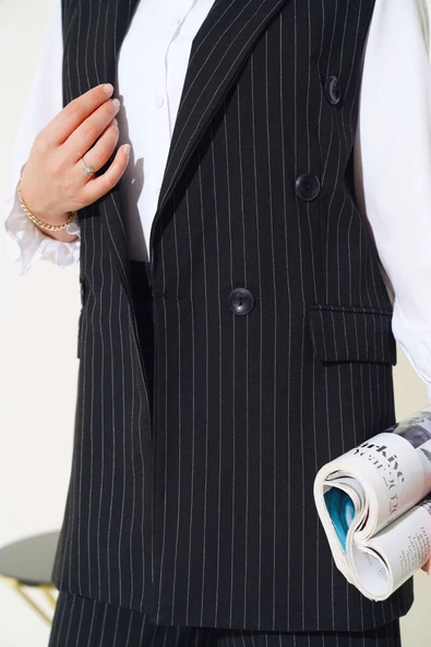 Yelekli Çizgili İkili Takım Siyah - Resim 4