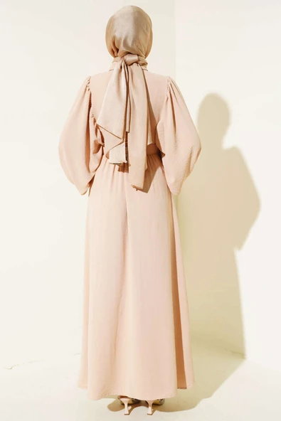 Balon Kol Gömlek Yaka Elbise Latte - Resim 3