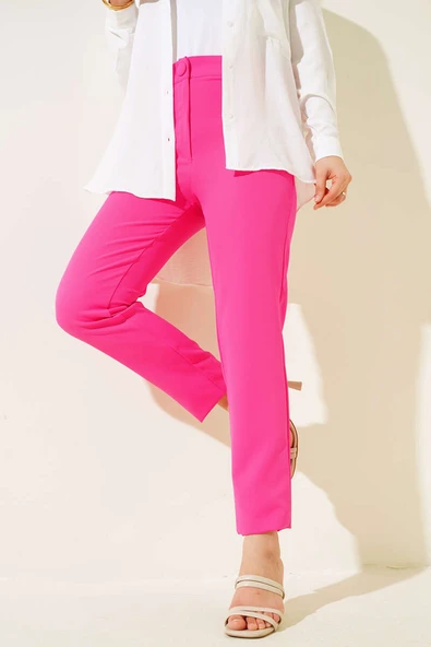 Dar Paça Düğmeli Pantolon Fuşya - 2