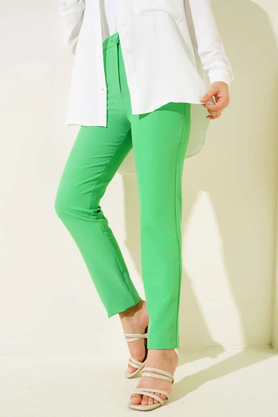 Dar Paça Düğmeli Pantolon Yeşil