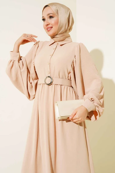 Balon Kol Gömlek Yaka Elbise Latte - Resim 2