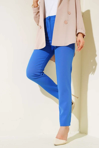 Dar Paça Düğmeli Pantolon Saks