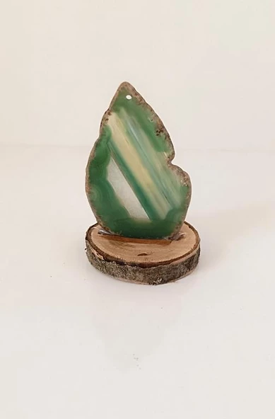 Doğal Taş Plaka Yeşil Akik Ahşap Standlı Dekoratif Obje Biblo 16952
