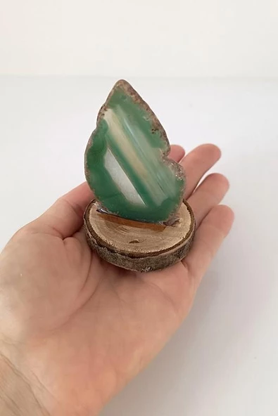 Doğal Taş Plaka Yeşil Akik Ahşap Standlı Dekoratif Obje Biblo 16952 - 2