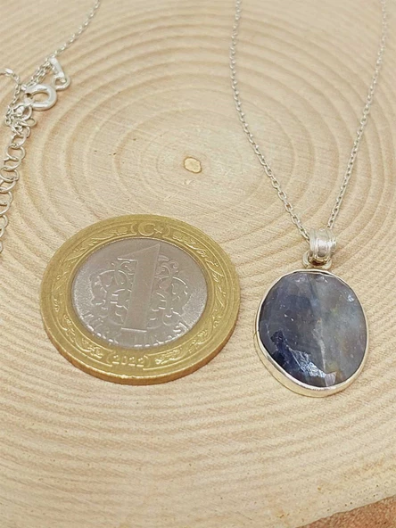 Safir Taşı Gümüş Kaplama ve Gümüş Zincir Dahil Kolye Ucu (52890) - 2