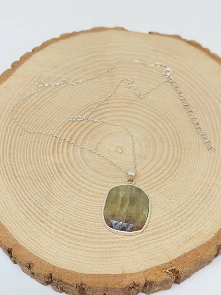 Safir Taşı Gümüş Kaplama ve Gümüş Zincir Dahil Kolye Ucu (52888) - 4