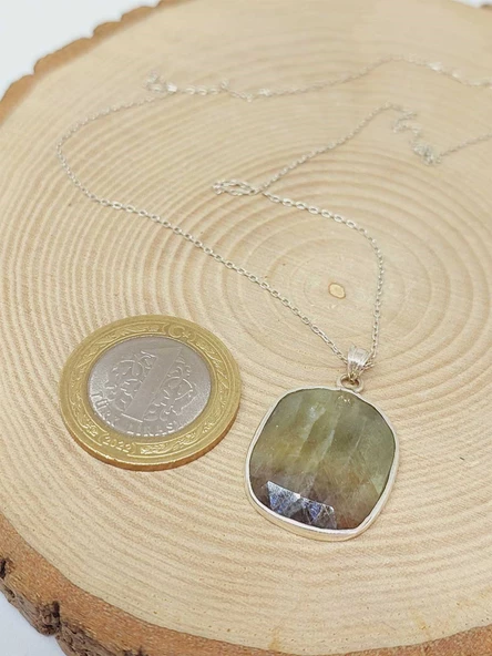 Safir Taşı Gümüş Kaplama ve Gümüş Zincir Dahil Kolye Ucu (52888) - 2