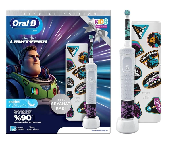 Oral-B D100 Vitality Lightyear Ekstra Yumuşak Şarj Edilebilir Çocuk Diş Fırçası ve Seyahat Kabı ürün görseli