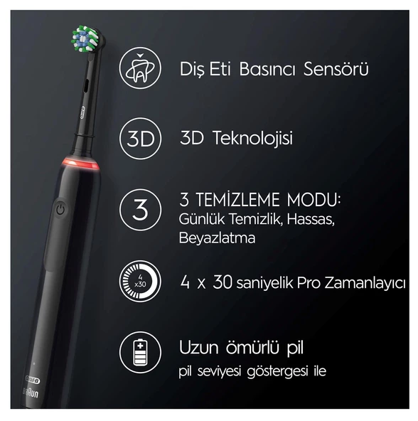 Oral-B Pro 3 3900 Siyah Beyaz 2'li Şarj Edilebilir Diş Fırçası Seti - Resim 4