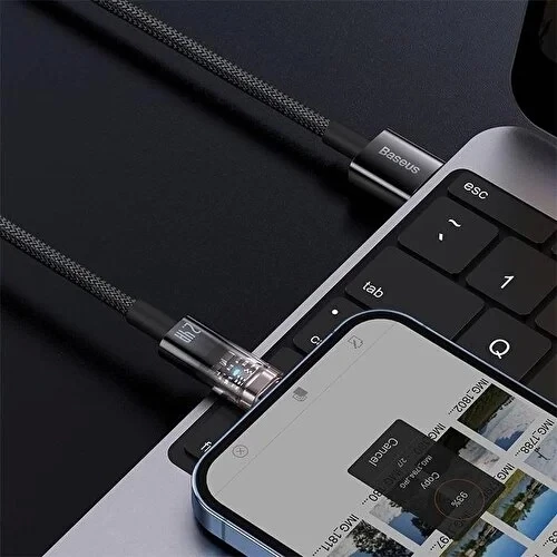 Şeffaf Uçlu iPhone 45w Usb Hızlı ve Dayanıklı Şarj ve Data Işıklı Örgü Kablo 1 Metre - 2
