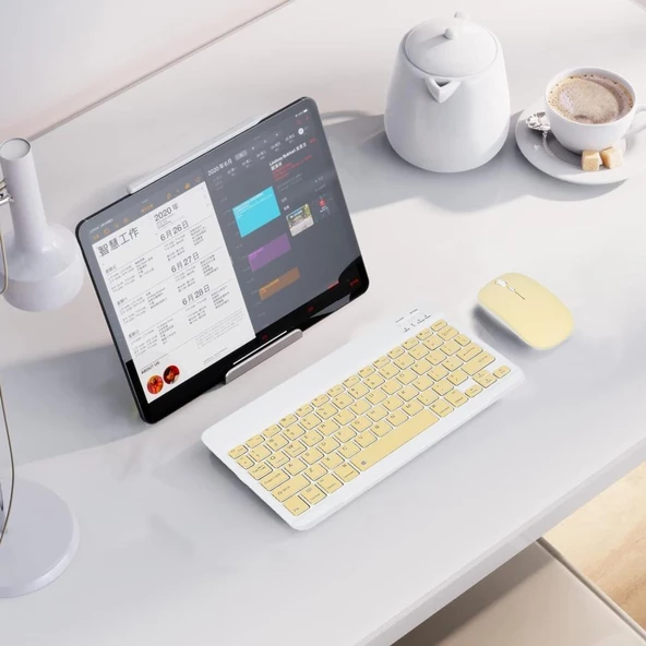 Lenovo Tab P12 ZACL0030TR 12.7" Uyumlu Kablosuz Bluetooth Şarj Edilebilir Klavye Mouse Seti - Sarı - 7