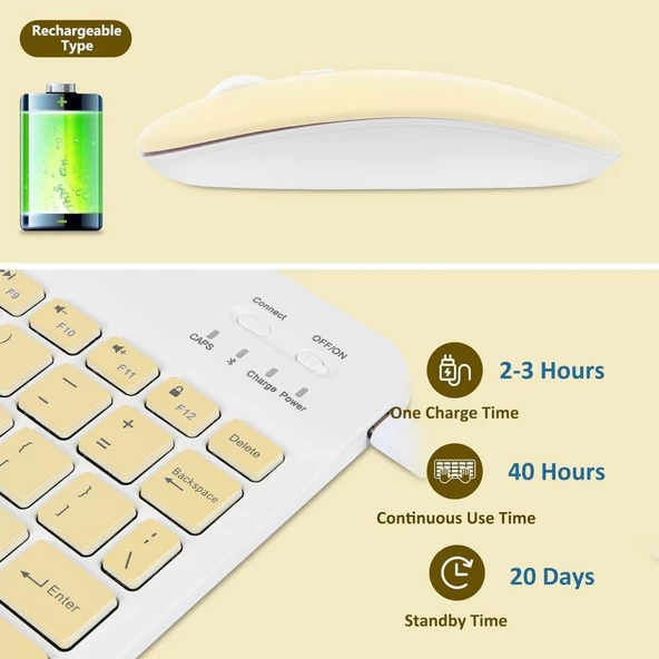 Lenovo Tab P12 ZACL0030TR 12.7" Uyumlu Kablosuz Bluetooth Şarj Edilebilir Klavye Mouse Seti - Sarı - 2