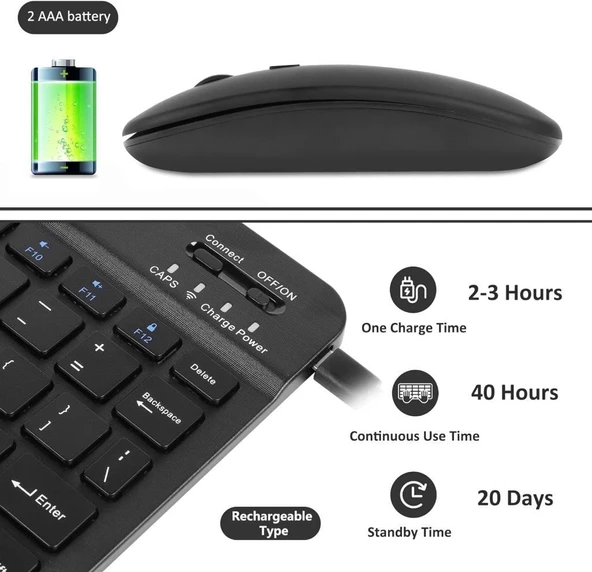 Samsung Galaxy Tab S8+ Plus X800 12.4" Uyumlu Kablosuz Bluetooth Şarj Edilebilir Klavye Mouse Seti - Siyah - 2