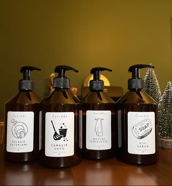 4'lü Çamaşır Suyu Mutfak Temizleyici Bulaşık Deterjanı Sıvı SabunEtiketli Plastik Amber Şişe 500ml - 2