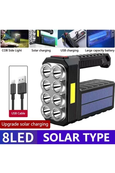 El Feneri 8 Gözlü Şarjlı Solar Usb ve Güneş Enerjili Şarj Edilebilir Çok Fonksiyonlu Süper Parlak - 2