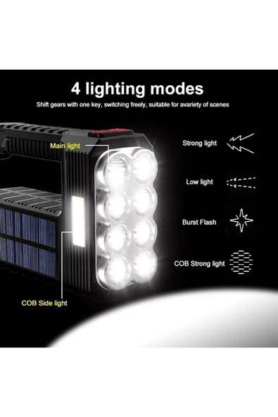 El Feneri 8 Gözlü Şarjlı Solar Usb ve Güneş Enerjili Şarj Edilebilir Çok Fonksiyonlu Süper Parlak - 5