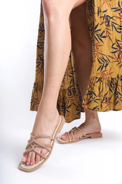 MİA026-1601 Günlük Kadın Taşlı Bej Tatil Terliği ürün görseli 1