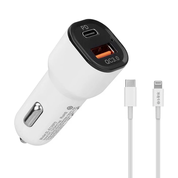 S-link SL-EC35PD 36W PD 3.0 Lightning PD Kablo 3.4A Hızlı Şarj PD 18W + USB QC3.0 Beyaz Araç Şarj Cihazı