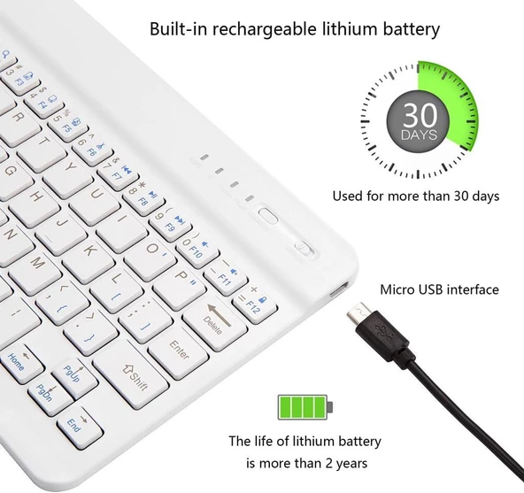 Hegitech Pro 10 10.1" Uyumlu Kablosuz Bluetooth Şarj Edilebilir Klavye - Beyaz - 5