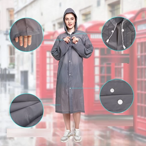 1 ADET 1.KALİTE GRİ YAĞMURLUK VIP UNISEX RAIN COAT ŞAPKALI ÇITÇITLI YAĞMURLUK GRİ OUTDOOR YAĞMURLUK - 2
