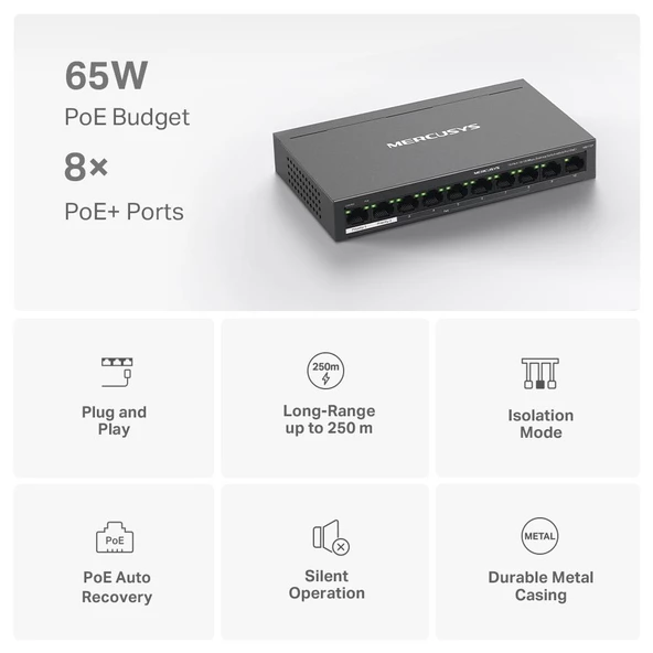 MERCUSYS 10-PORT MS110P 10/100 YÖNETİLMEZ 65W 8-PORT POE SWITCH - 4