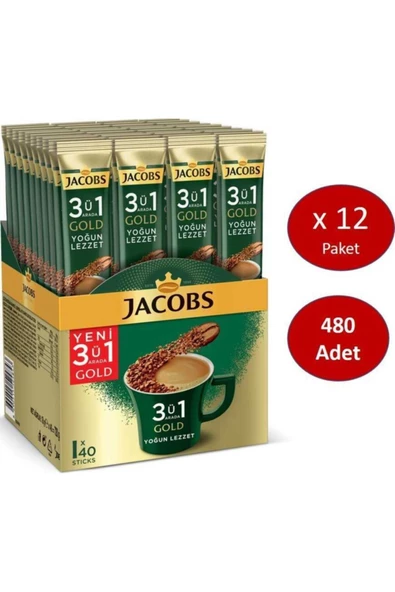 Jacobs 3'ü 1 Arada Gold Yoğun Lezzet Karışım Kahve 12'li 40 x 18 G