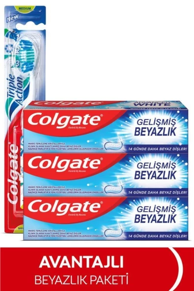 Colgate Diş Macunu Gelişmiş Beyazlık 3 x 75 ml, Üçlü Etki Orta Diş Fırçası