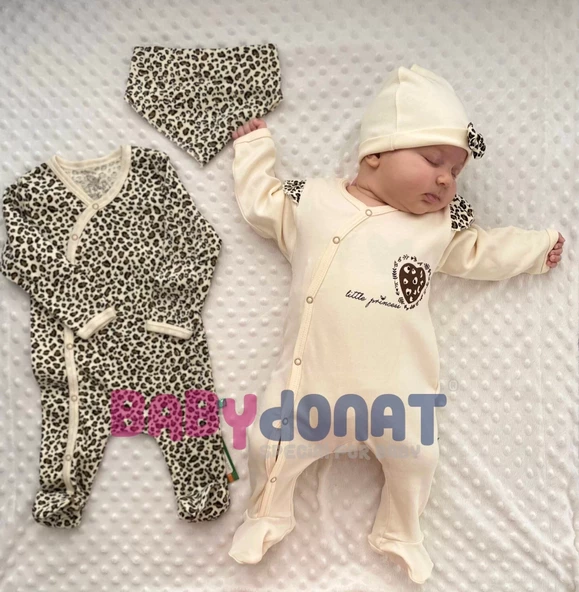 Açık Kahve Leopar Desenli Kız Bebek 4'lü Tulum Seti