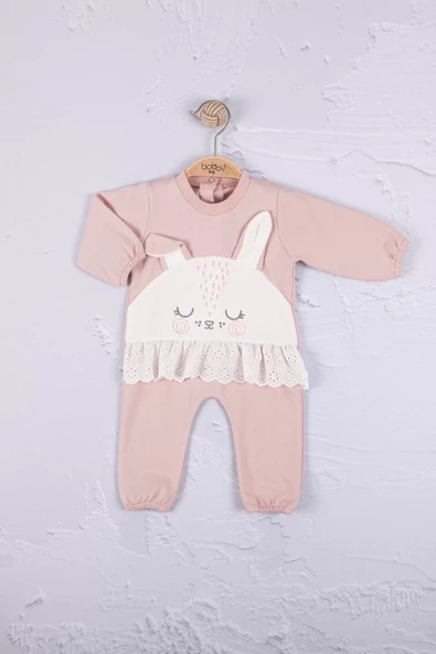 Tavşan Nakışlı Güpürlü % 100 Pamuk Kız Bebek Tulum - Resim 2