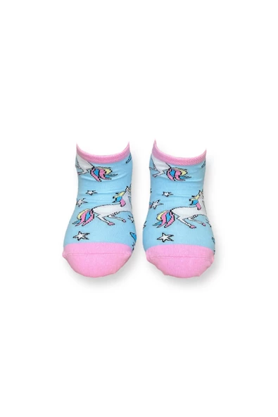 Me-vo Tekli Bebe Mavisi Renkli Esnek Nem Alabilen Pamuklu Unicorn Desenli 7-10 Yaş Kız Çocuk Patik Çorap - 3